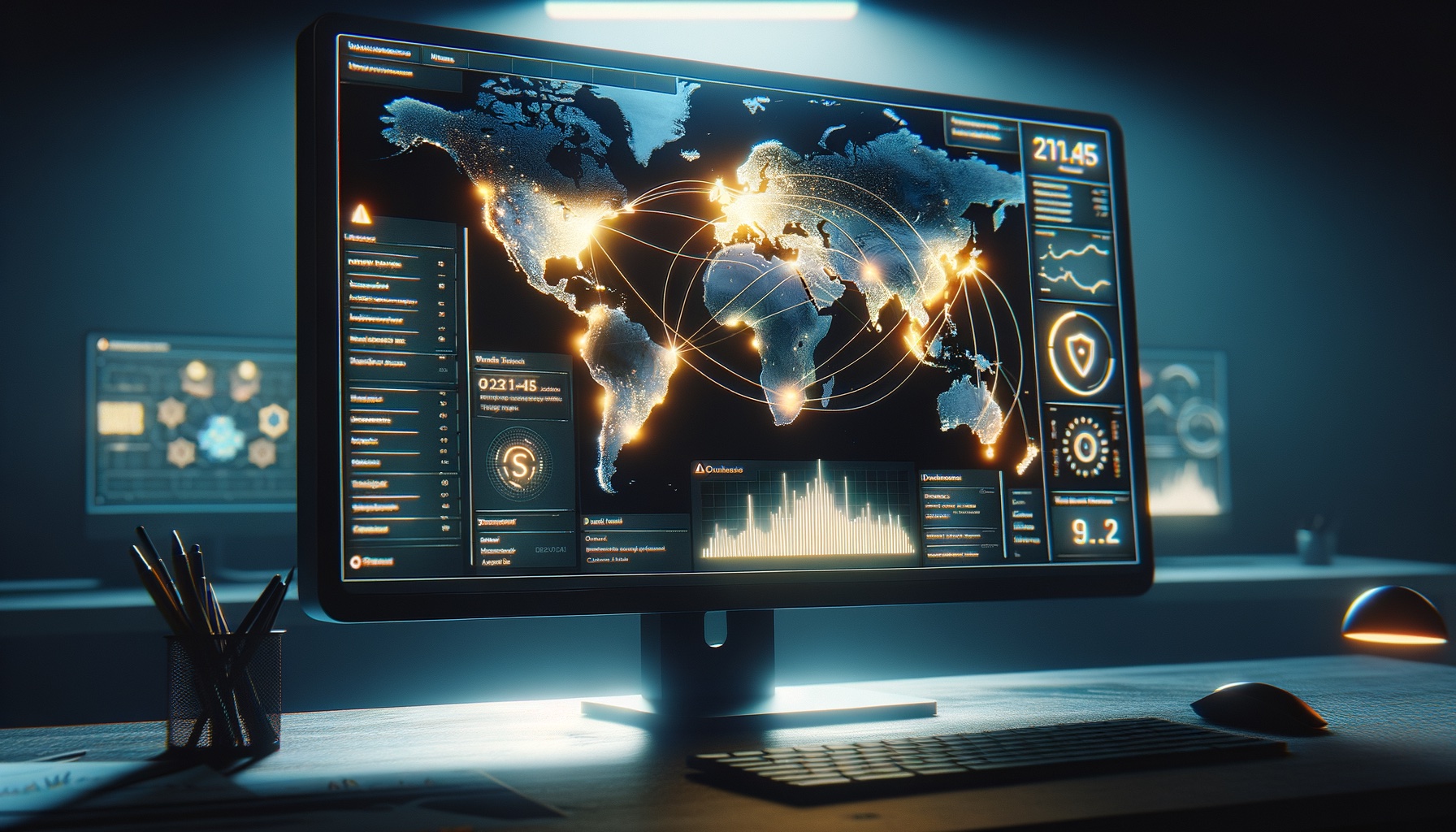 Cybersecurity analyst reviewing threat detection dashboard with real-time alerts
